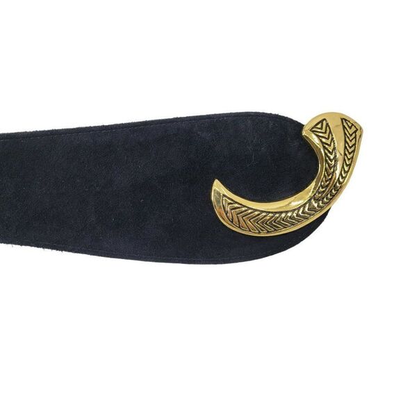 Vintage 80's Wide V Belt Black Suede Ornate Gold Etched Hook Buckle Art to Wear - Picture 5 of 8